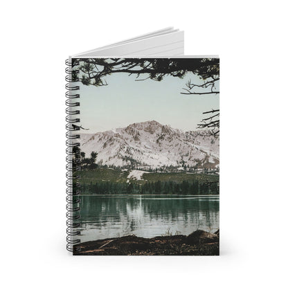 Snowy Mountains Spiral Notebook Standing up on White Desk