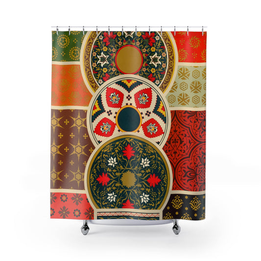 Abstract Floral Pattern Shower Curtain with Indo-Persian design, cultural bathroom decor featuring intricate floral patterns.