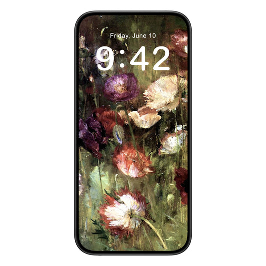 Abstract Flower phone wallpaper background with impressionist design shown on a phone lock screen, instant download available.