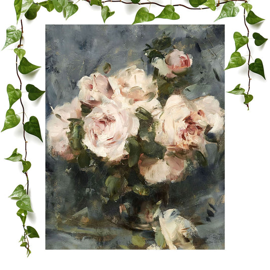 Abstract flower art print featuring a bouquet of light pink roses in a vintage still life painting. Perfect for bedroom, living room, or dorm room decor.