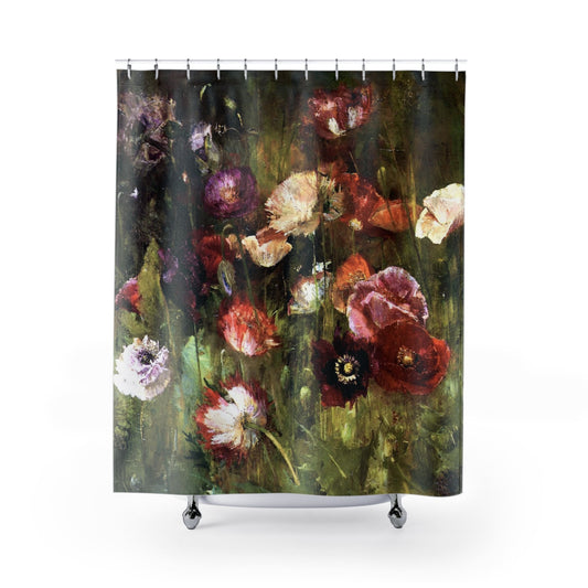 Abstract Flower Shower Curtain with impressionist design, creative bathroom decor featuring artistic floral patterns.