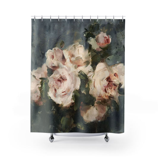 Abstract Flower Shower Curtain with still life design, creative bathroom decor featuring artistic floral designs.