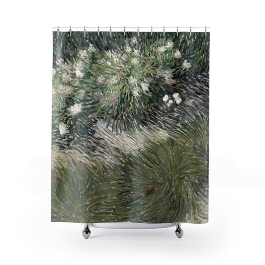Sage Green Shower Curtain with abstract garden design, nature-inspired bathroom decor featuring calming green tones.