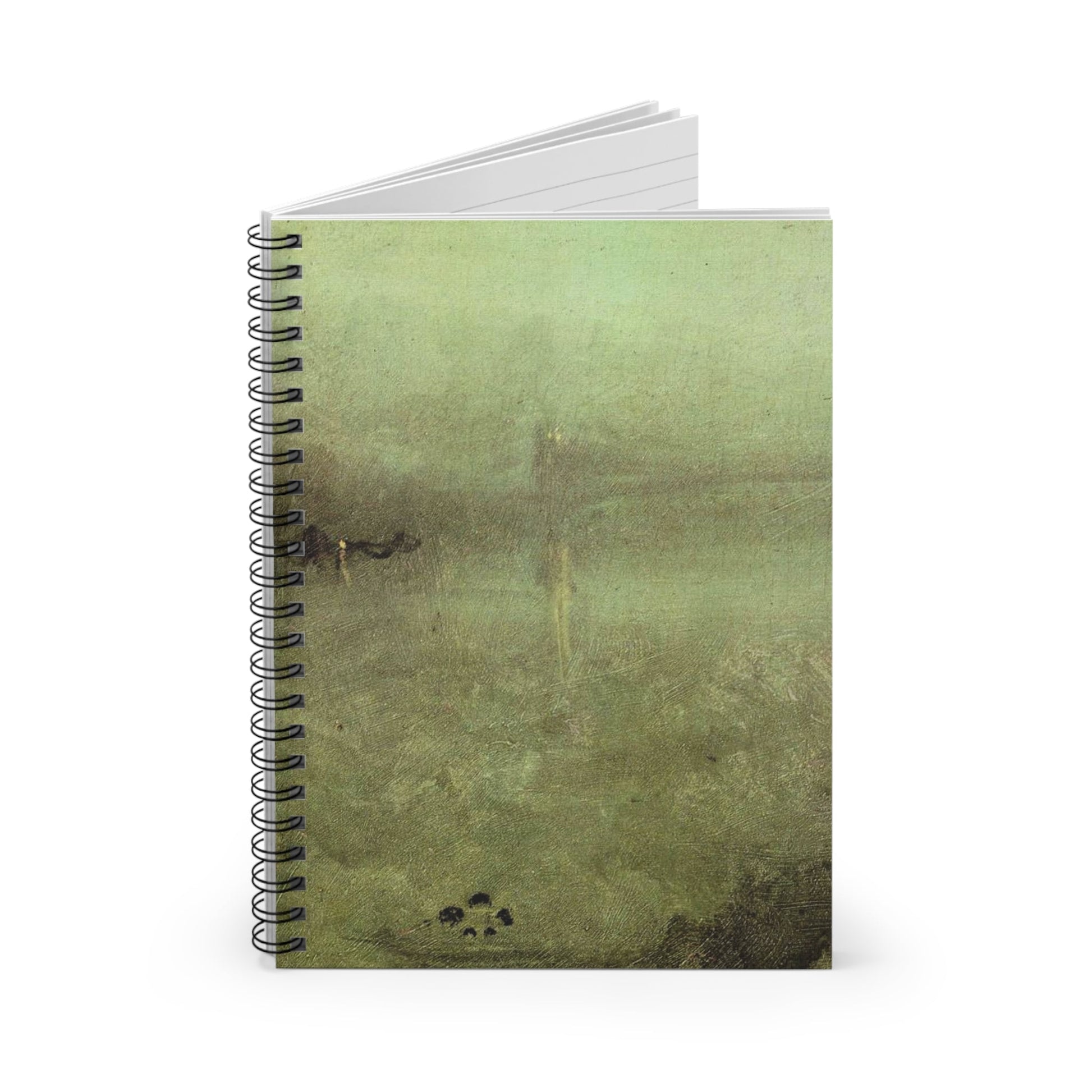 Abstract Green Painting Spiral Notebook Standing up on White Desk