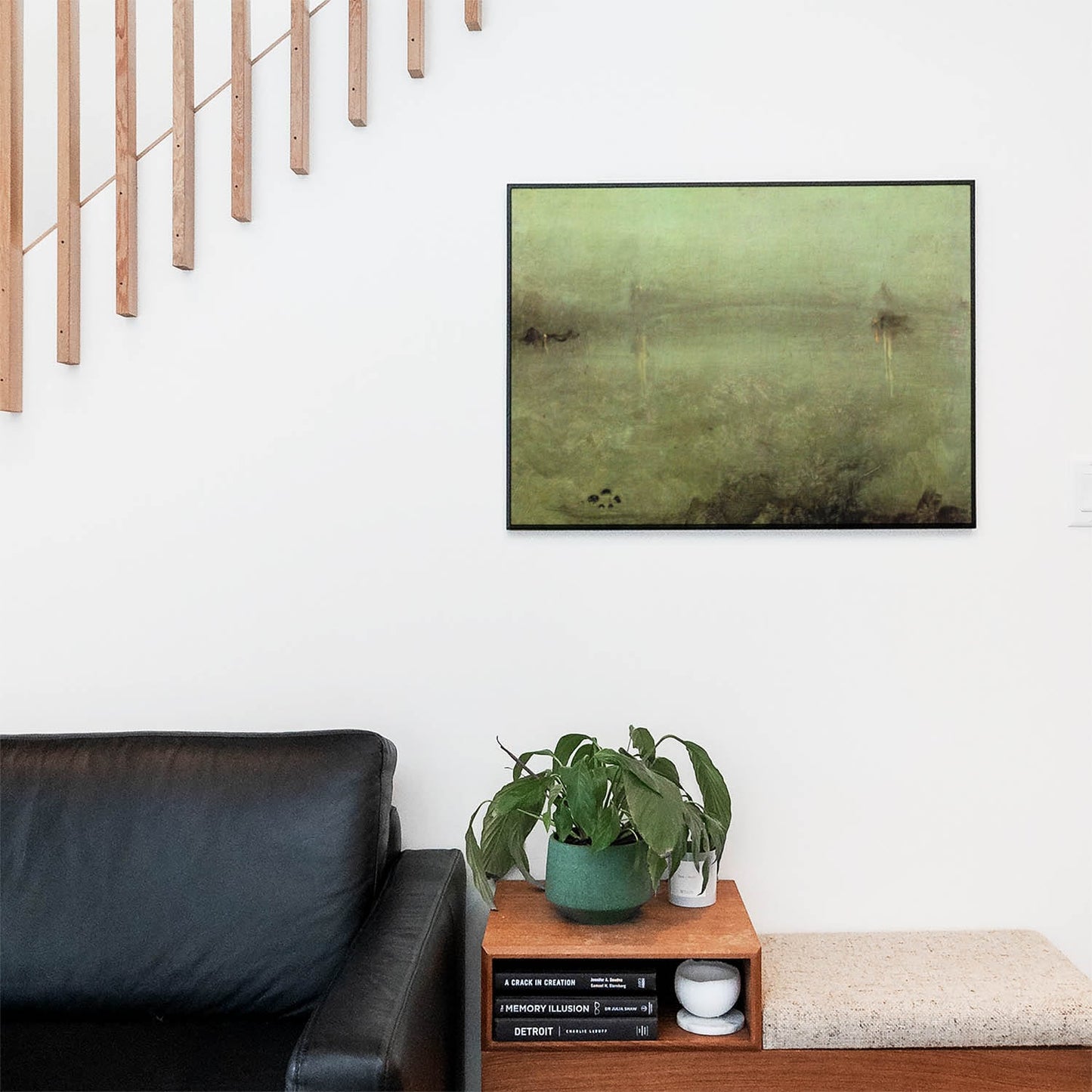 Abstract Green Painting Wall Art Print in a Picture Frame on Living Room Wall