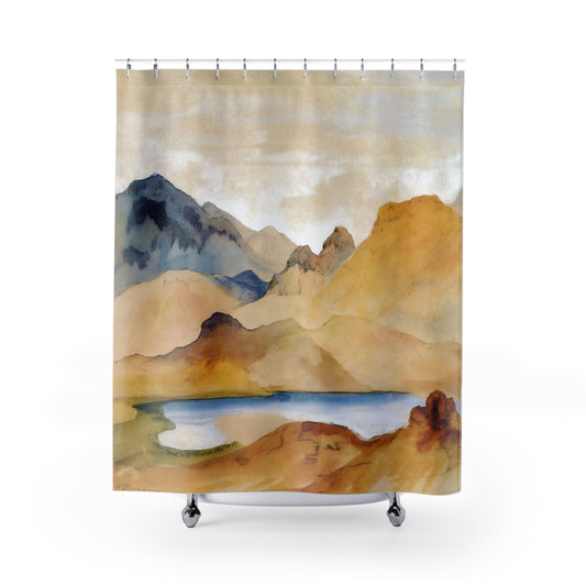 Abstract Mountains Shower Curtain with landscapes design, scenic bathroom decor featuring artistic mountain views.