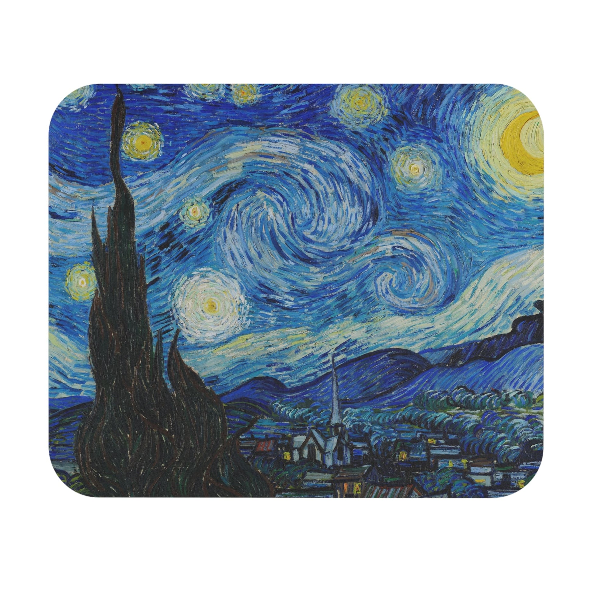 The Starry Night Mouse Pad with Vincent van Gogh art, desk and office decor featuring the famous Starry Night painting.
