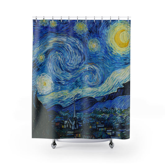 The Starry Night Shower Curtain with Vincent van Gogh design, art-inspired bathroom decor featuring the famous Starry Night painting.