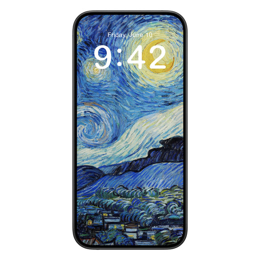 The Starry Night phone wallpaper background with vincent van gogh design shown on a phone lock screen, instant download available.