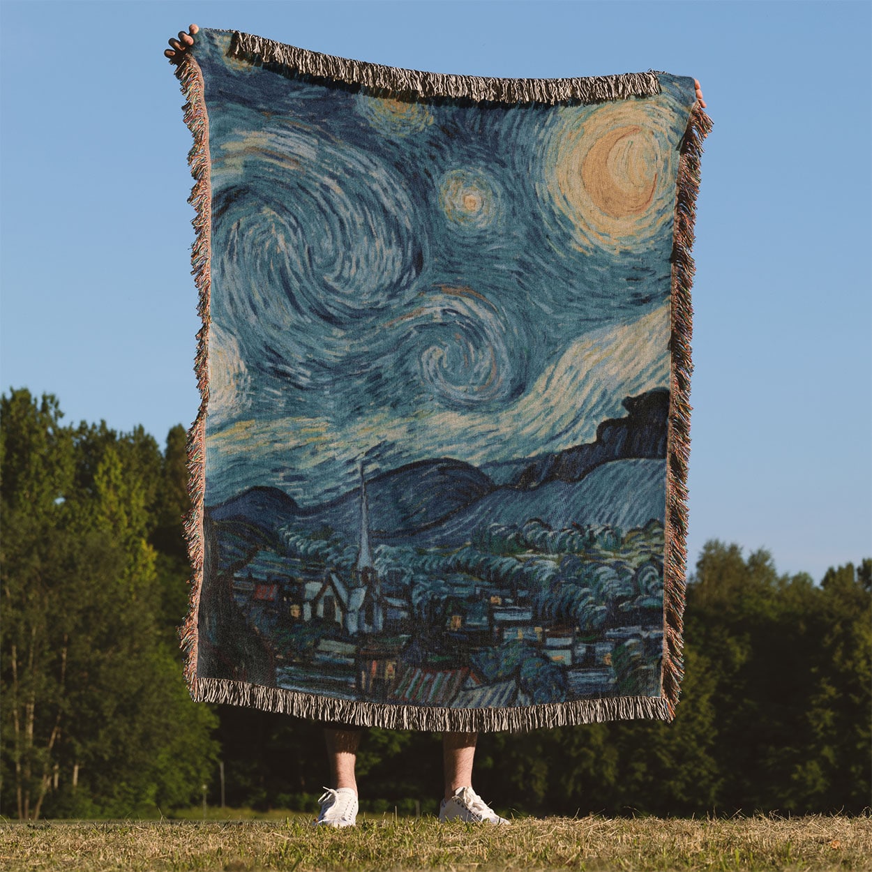 Abstract Night Sky Painting Woven Throw Blanket Held Up Outside