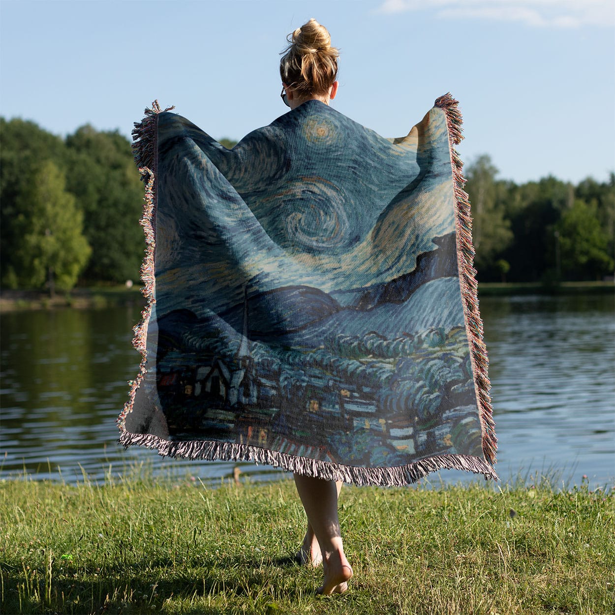 Abstract Night Sky Painting Woven Throw Blanket Held on a Woman's Back Outside