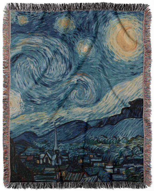 The Starry Night woven throw blanket, crafted from 100% cotton, presenting a soft and cozy texture with a Vincent Van Gogh inspired design for home decor.