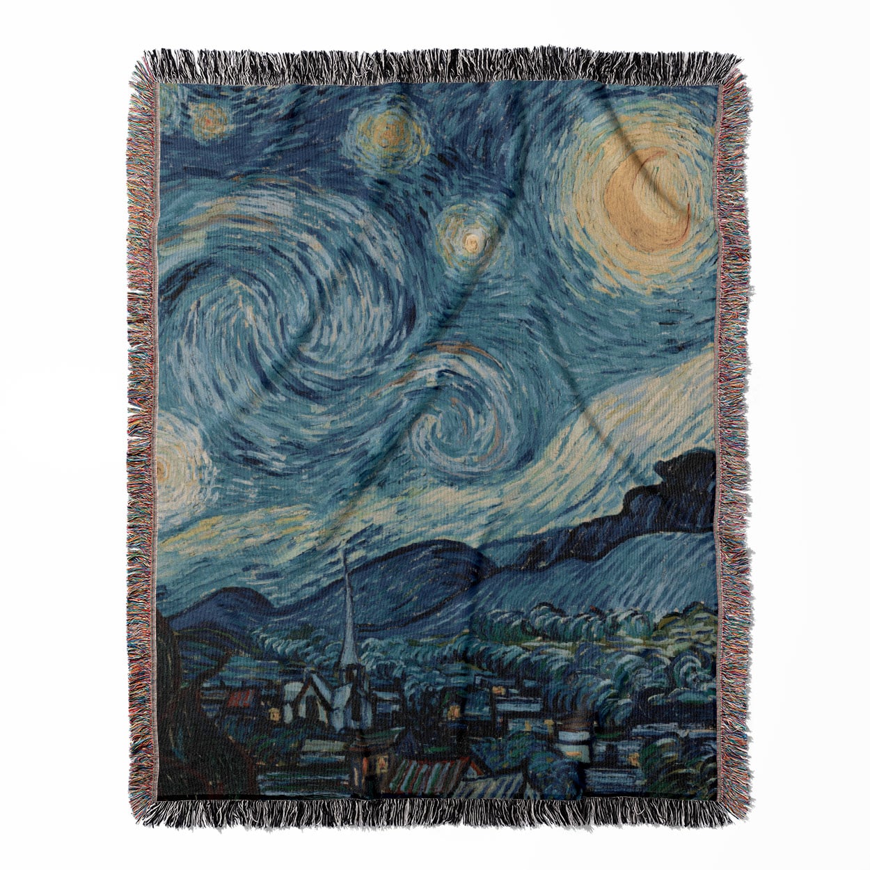 The Starry Night woven throw blanket, crafted from 100% cotton, presenting a soft and cozy texture with a Vincent Van Gogh inspired design for home decor.