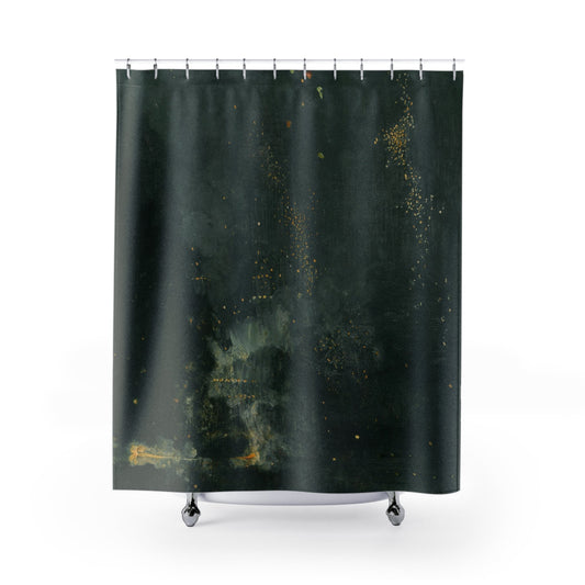 Abstract Shower Curtain with black and gold design, sophisticated bathroom decor featuring stylish abstract patterns.