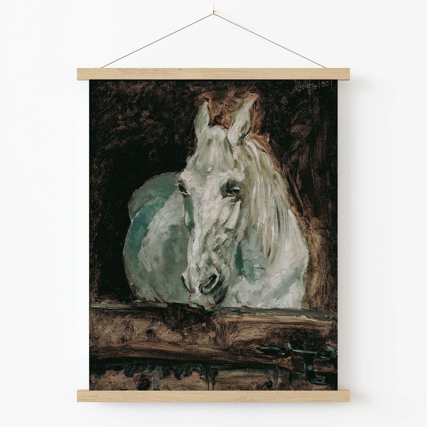 Horse in a Stable Art Print in Wood Hanger Frame on Wall
