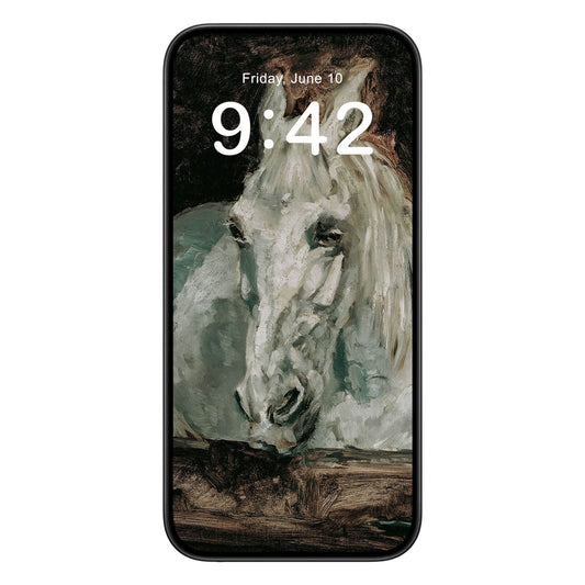 White Horse phone wallpaper background with abstract painting design shown on a phone lock screen, instant download available.