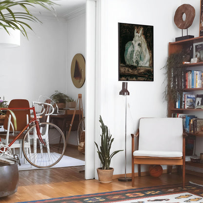 Eclectic living room with a road bike, bookshelf and house plants that features framed artwork of a Horse in a Stable above a chair and lamp