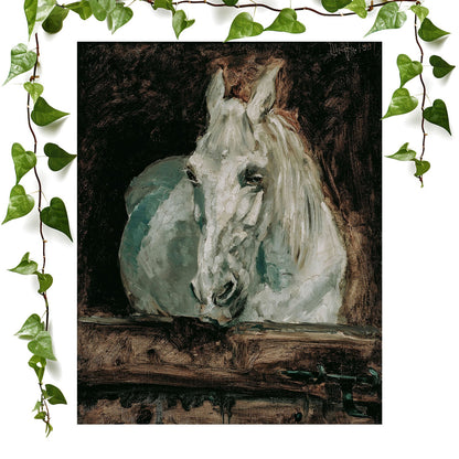 White Horse art prints featuring a abstract painting, vintage wall art room decor