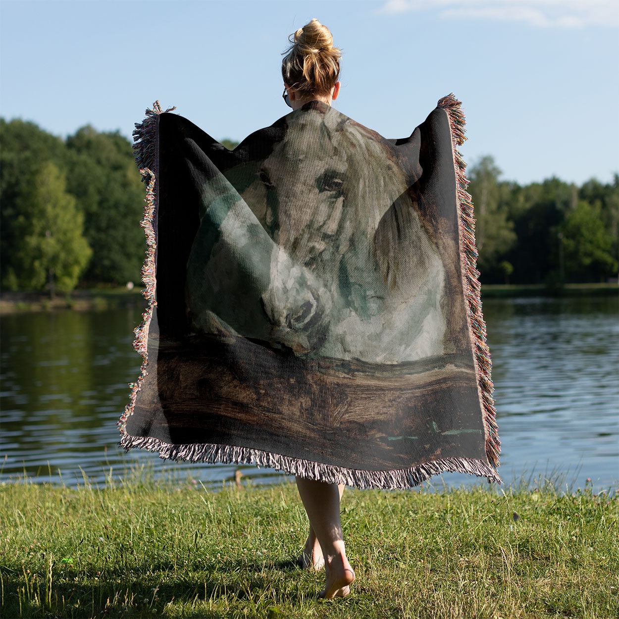 Abstract Wild Animal Held on a Woman's Back Outside