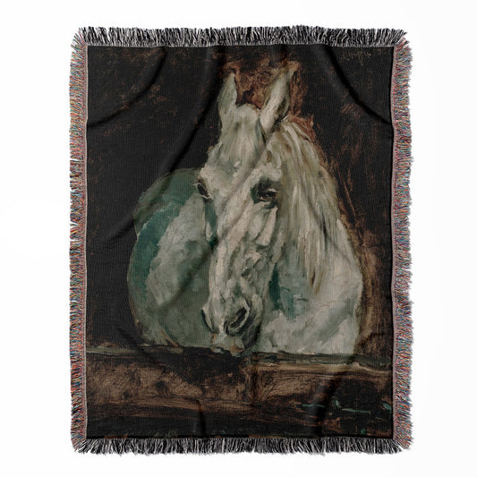 White Horse woven throw blanket, crafted from 100% cotton, offering a soft and cozy texture with an abstract painting for home decor.