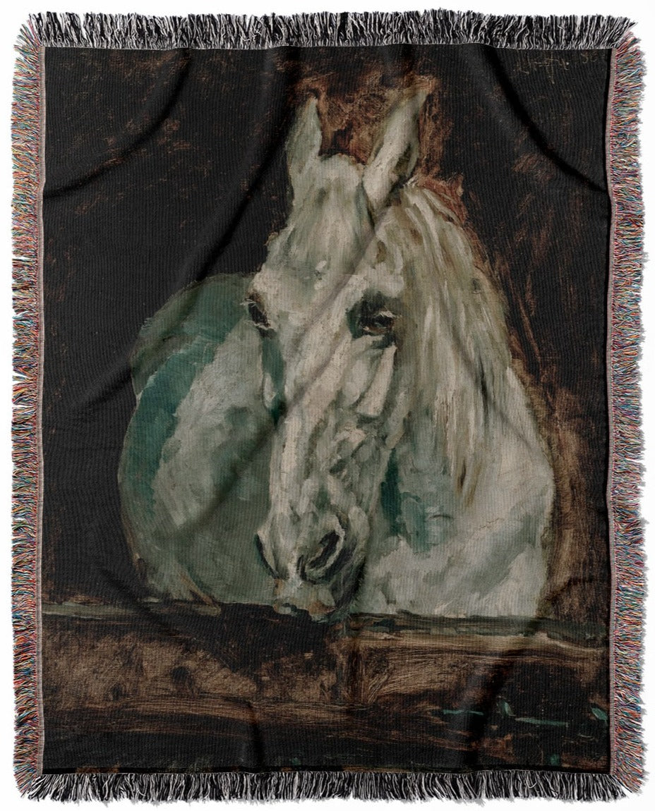 White Horse woven throw blanket, crafted from 100% cotton, offering a soft and cozy texture with an abstract painting for home decor.