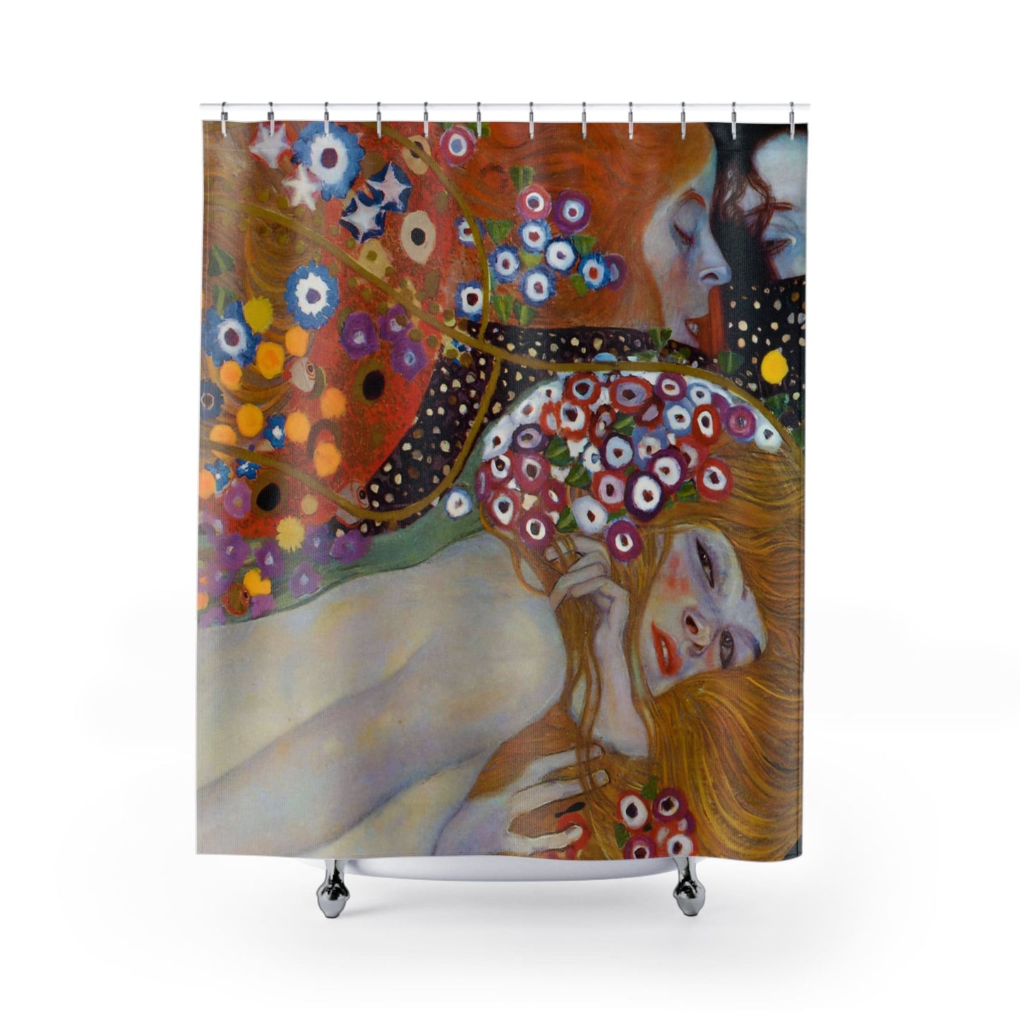 Art Nouveau Shower Curtain with flowers design, elegant bathroom decor showcasing classic floral artwork.