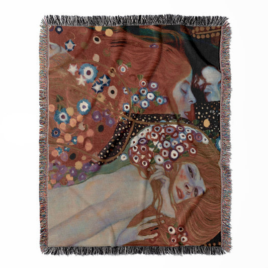 Art Nouveau woven throw blanket, made of 100% cotton, featuring a soft and cozy texture with red hair and flowers for home decor.