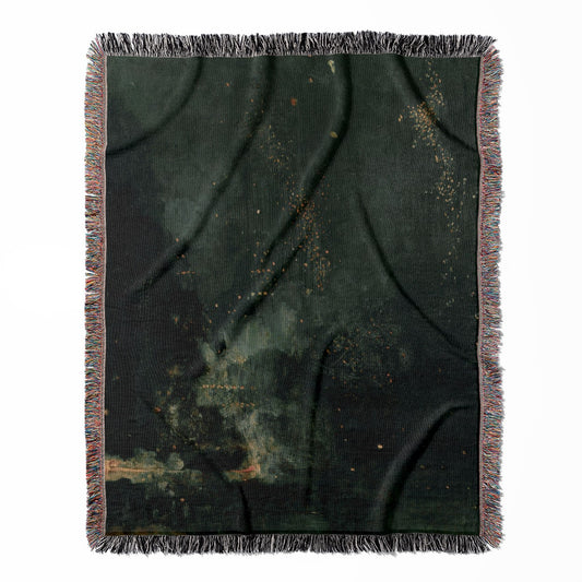 Abstract woven throw blanket, crafted from 100% cotton, providing a soft and cozy texture with a black and gold painting for home decor.