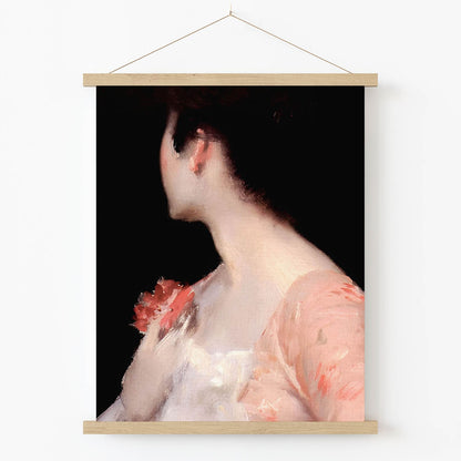 Gilded Age Woman in Pink Art Print in Wood Hanger Frame on Wall