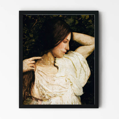 Dark Hair Girl in White Painting in Black Picture Frame