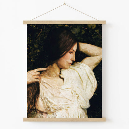 Dark Hair Girl in White Art Print in Wood Hanger Frame on Wall