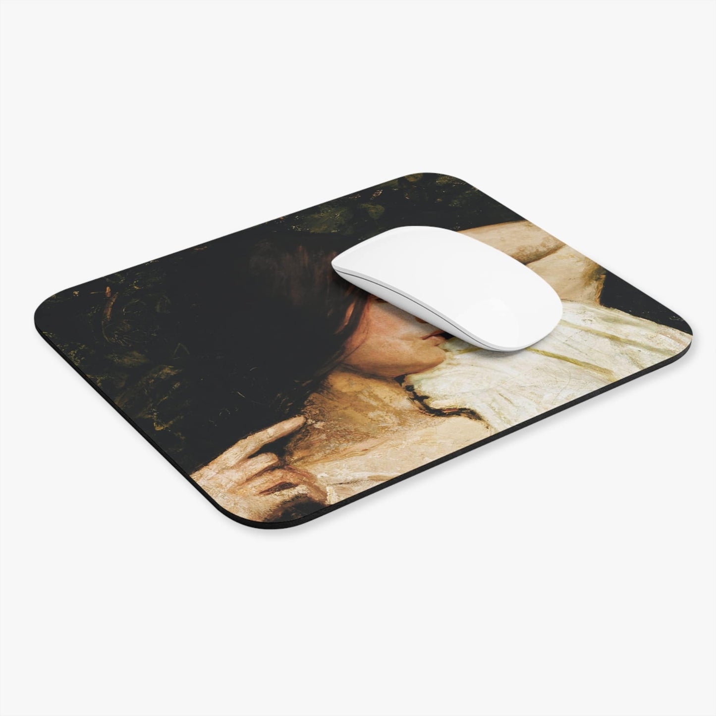 Aesthetic Female Portrait Computer Desk Mouse Pad With White Mouse