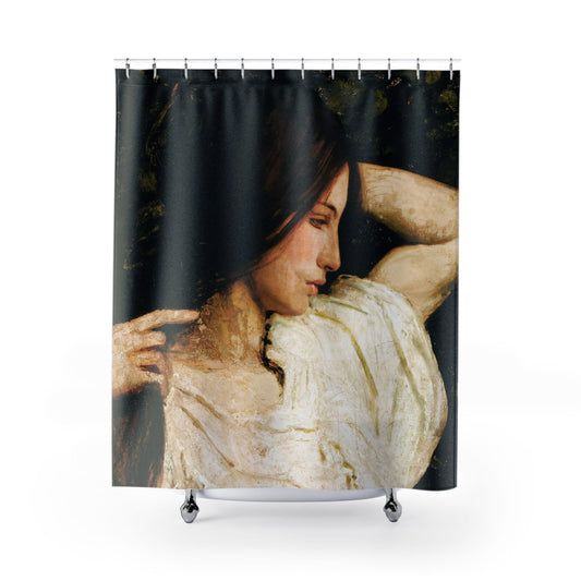 Aesthetic Female Portrait Shower Curtain with dark hair girl design, artistic bathroom decor featuring elegant female portraits.