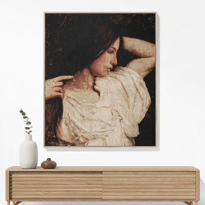 Aesthetic Female Portrait Woven Blanket Hanging on a Wall as Framed Wall Art