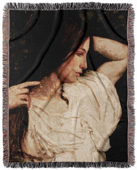 Aesthetic Female Portrait woven throw blanket, crafted from 100% cotton, offering a soft and cozy texture with a dark hair girl design for home decor.