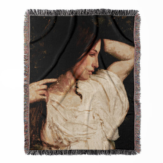 Aesthetic Female Portrait woven throw blanket, crafted from 100% cotton, offering a soft and cozy texture with a dark hair girl design for home decor.