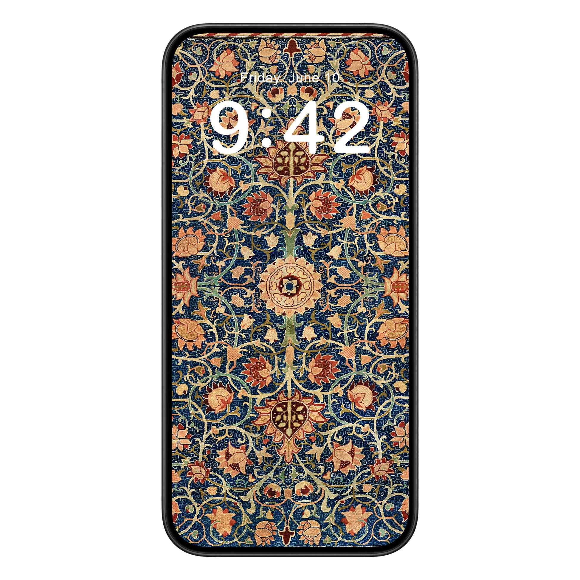 Aesthetic Floral phone wallpaper background with william morris design shown on a phone lock screen, instant download available.