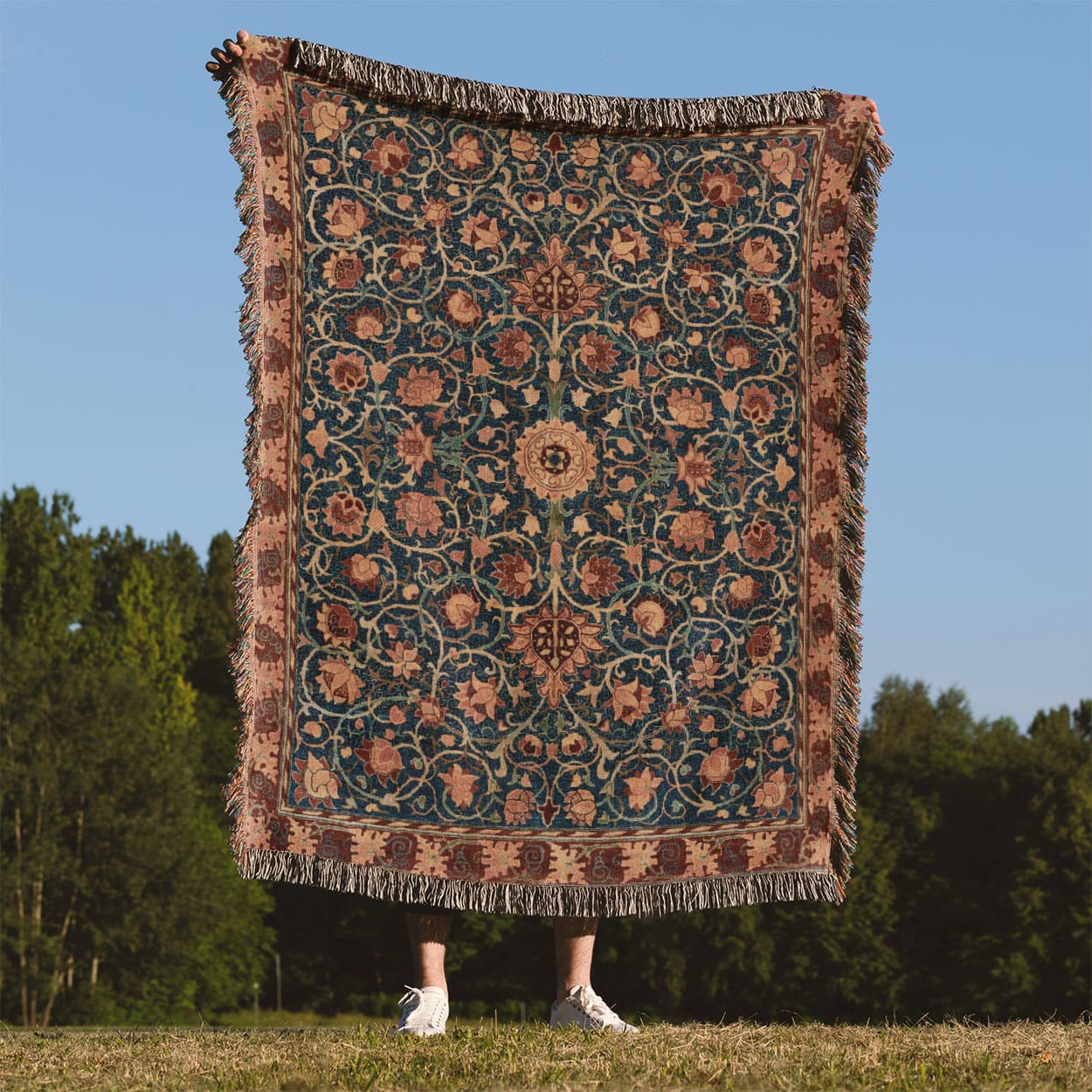 Aesthetic Floral Woven Blanket Held Up Outside
