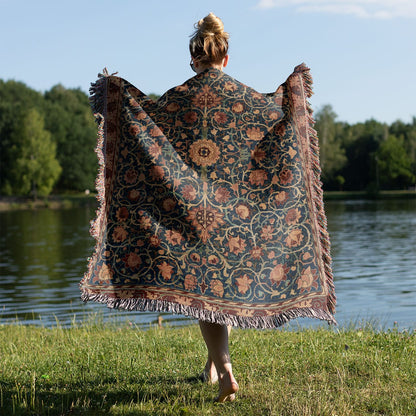 Aesthetic Floral Woven Blanket Held on a Woman's Back Outside