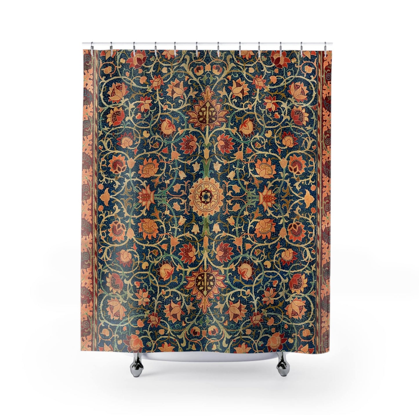 Aesthetic Floral Shower Curtain with William Morris design, classic bathroom decor showcasing Morris's botanical themes.