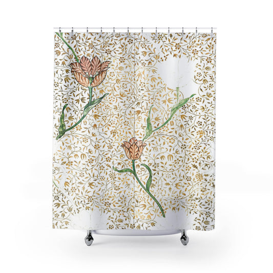Aesthetic Floral Shower Curtain with William Morris design, classic bathroom decor featuring Morris's iconic floral themes.
