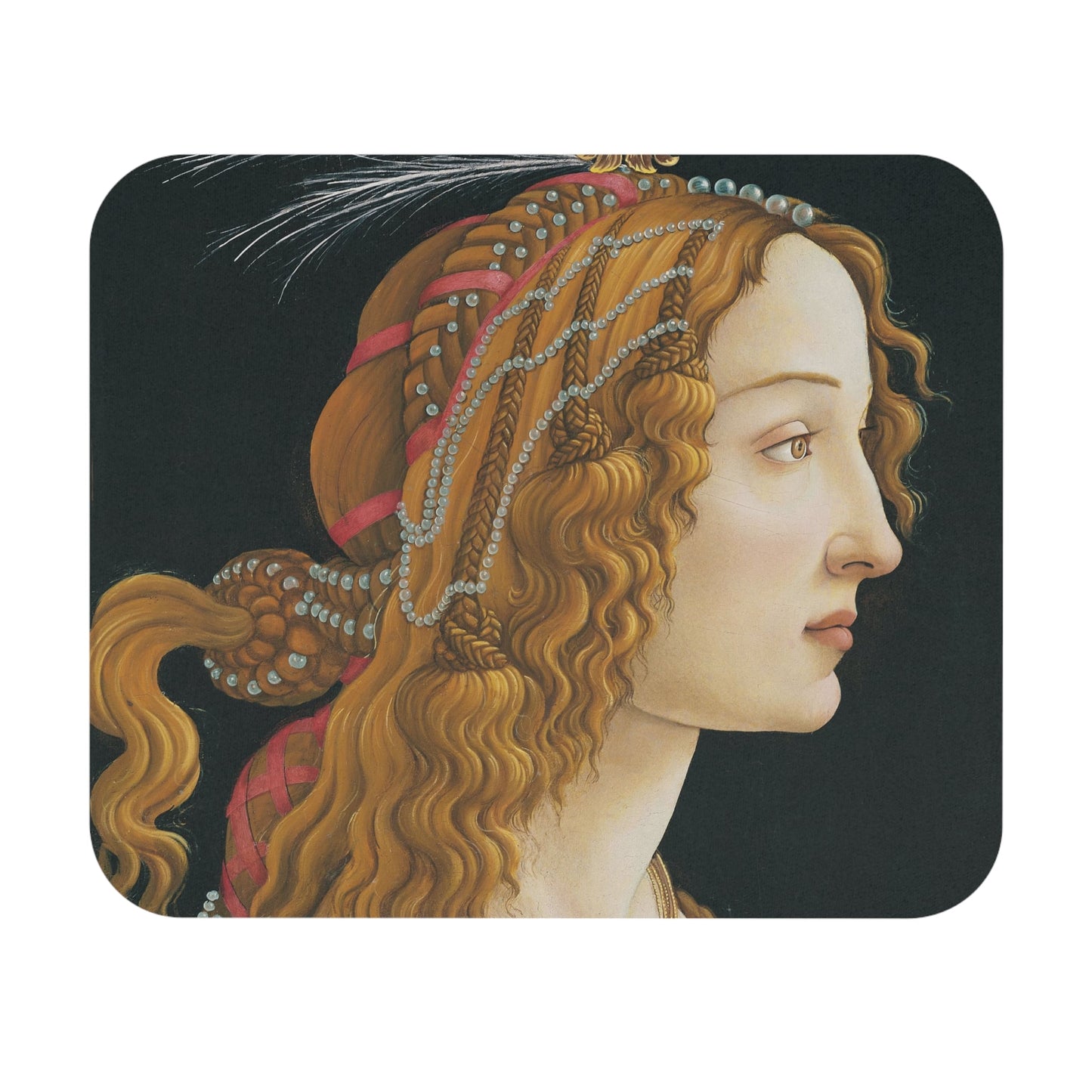 Renaissance Portrait Mouse Pad showcasing woven pearl hair theme, ideal for desk and office decor.