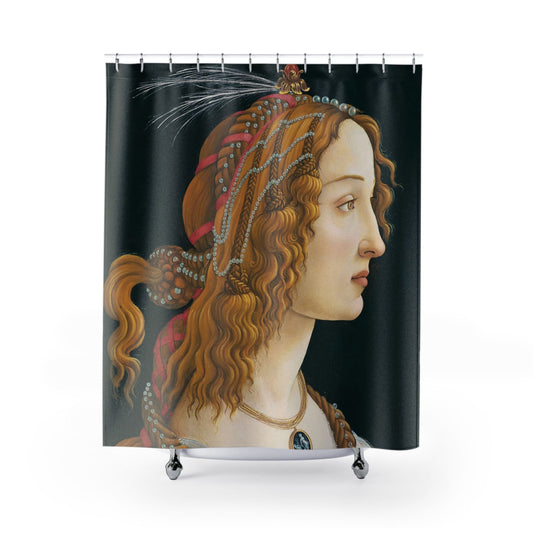 Renaissance Portrait Shower Curtain with woven pearl hair design, artistic bathroom decor featuring Renaissance portrait art.