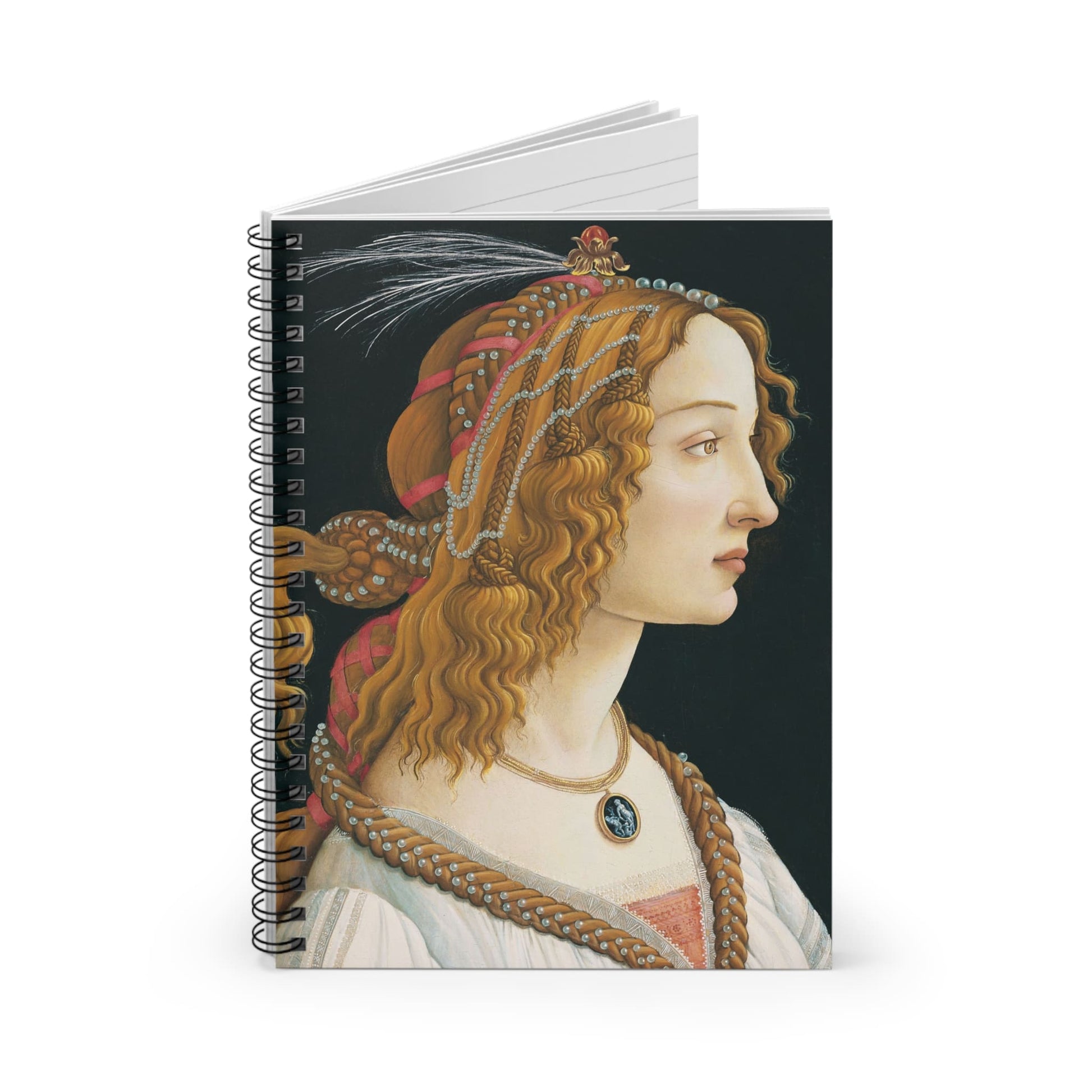 Aesthetic Renaissance Portrait Spiral Notebook Standing up on White Desk