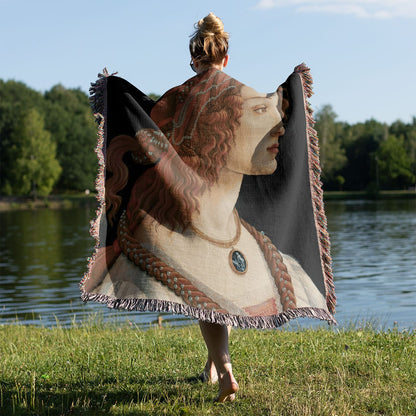 Aesthetic Renaissance Portrait Held on a Woman's Back Outside