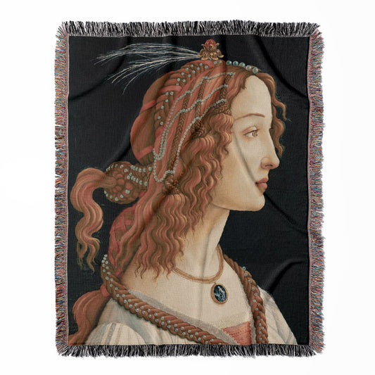 Renaissance Portrait woven throw blanket, made with 100% cotton, providing a soft and cozy texture with a woven pearl hair design for home decor.