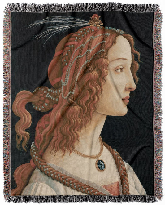 Renaissance Portrait woven throw blanket, made with 100% cotton, providing a soft and cozy texture with a woven pearl hair design for home decor.