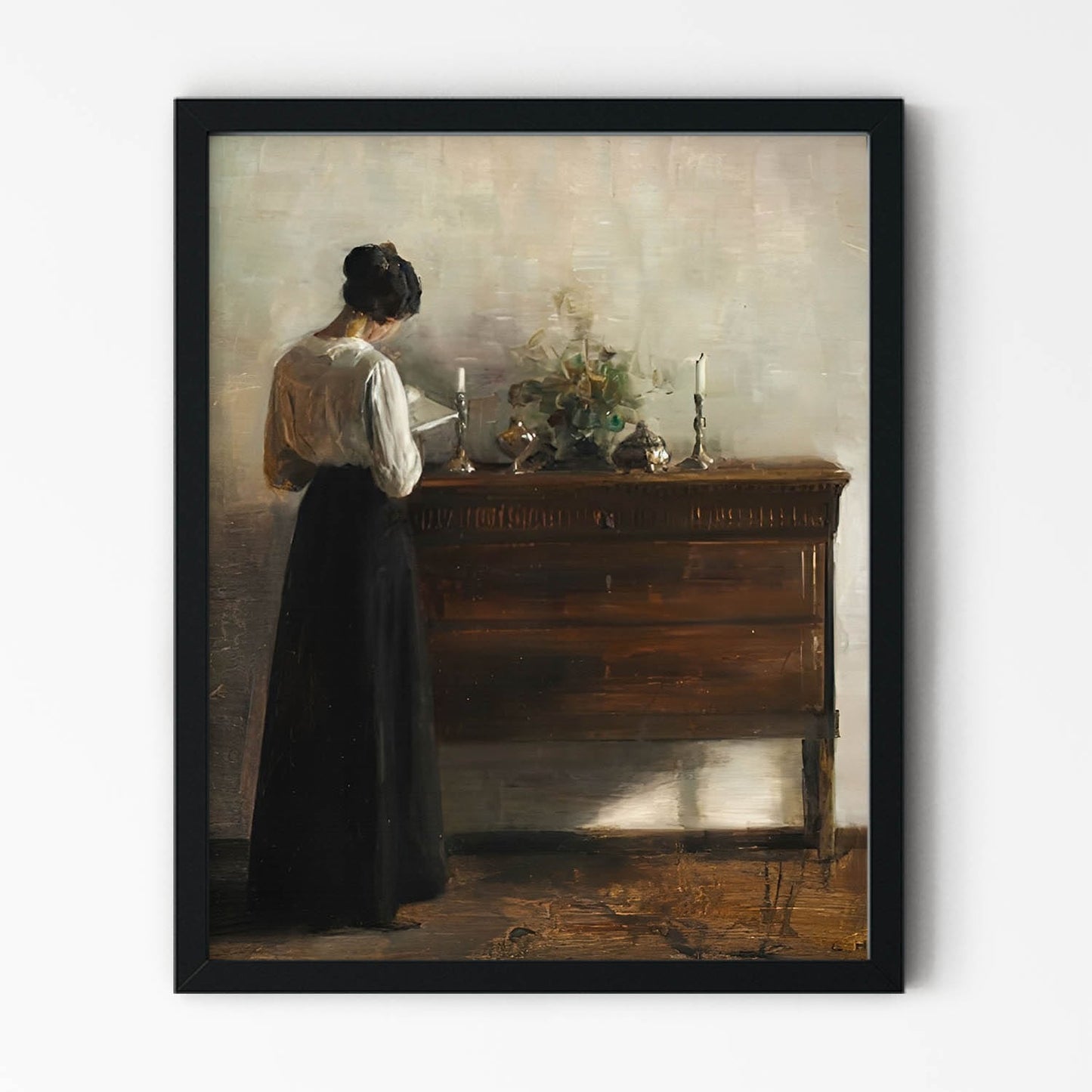 Woman Reading by a Dark Cabinet Painting in Black Picture Frame