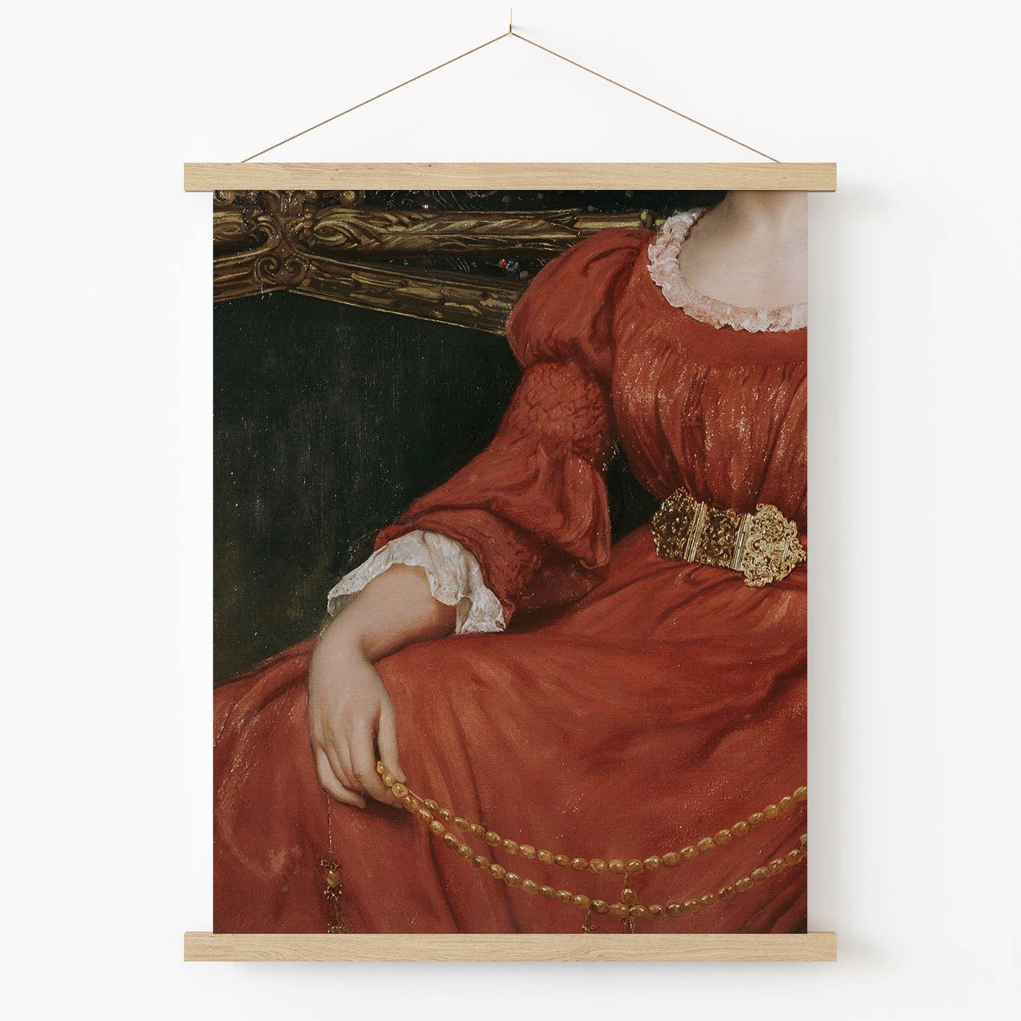 Woman in the Red Dress Art Print in Wood Hanger Frame on Wall