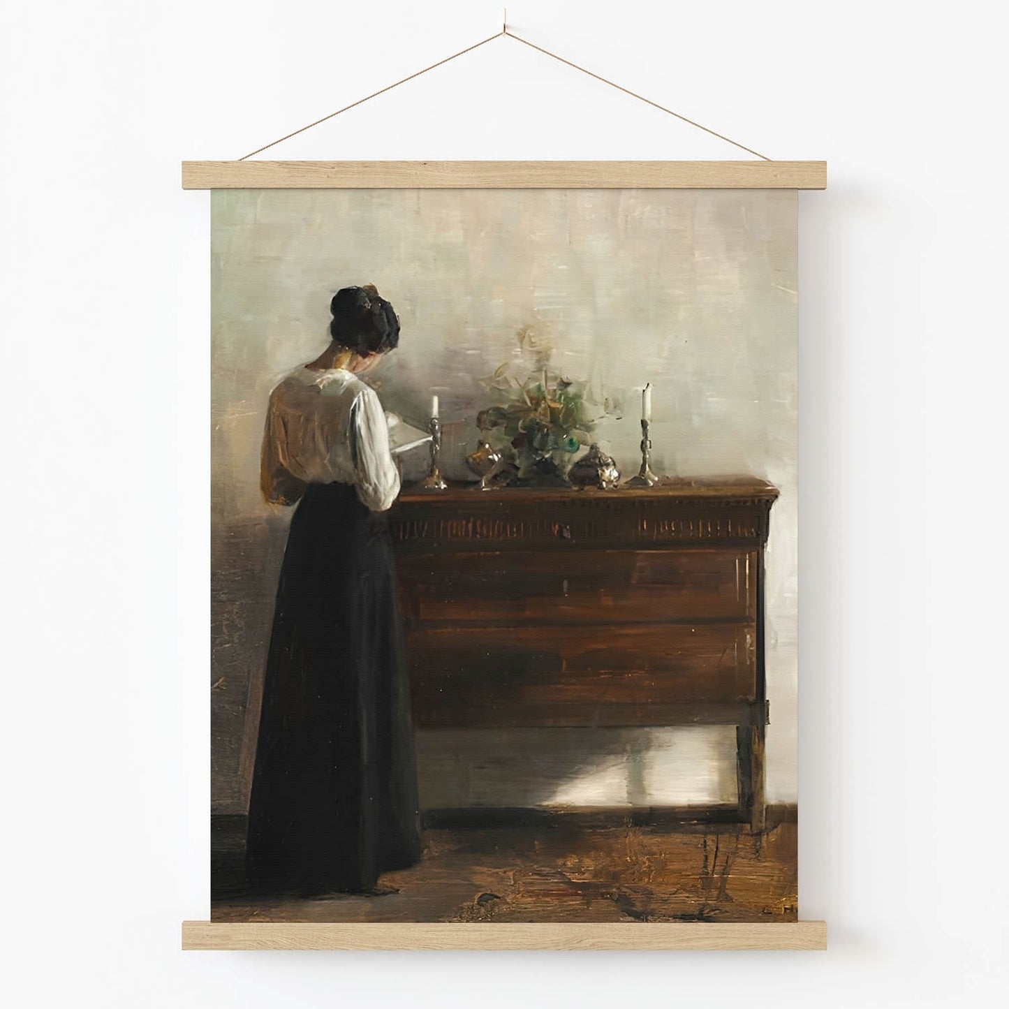 Woman Reading by a Dark Cabinet Art Print in Wood Hanger Frame on Wall